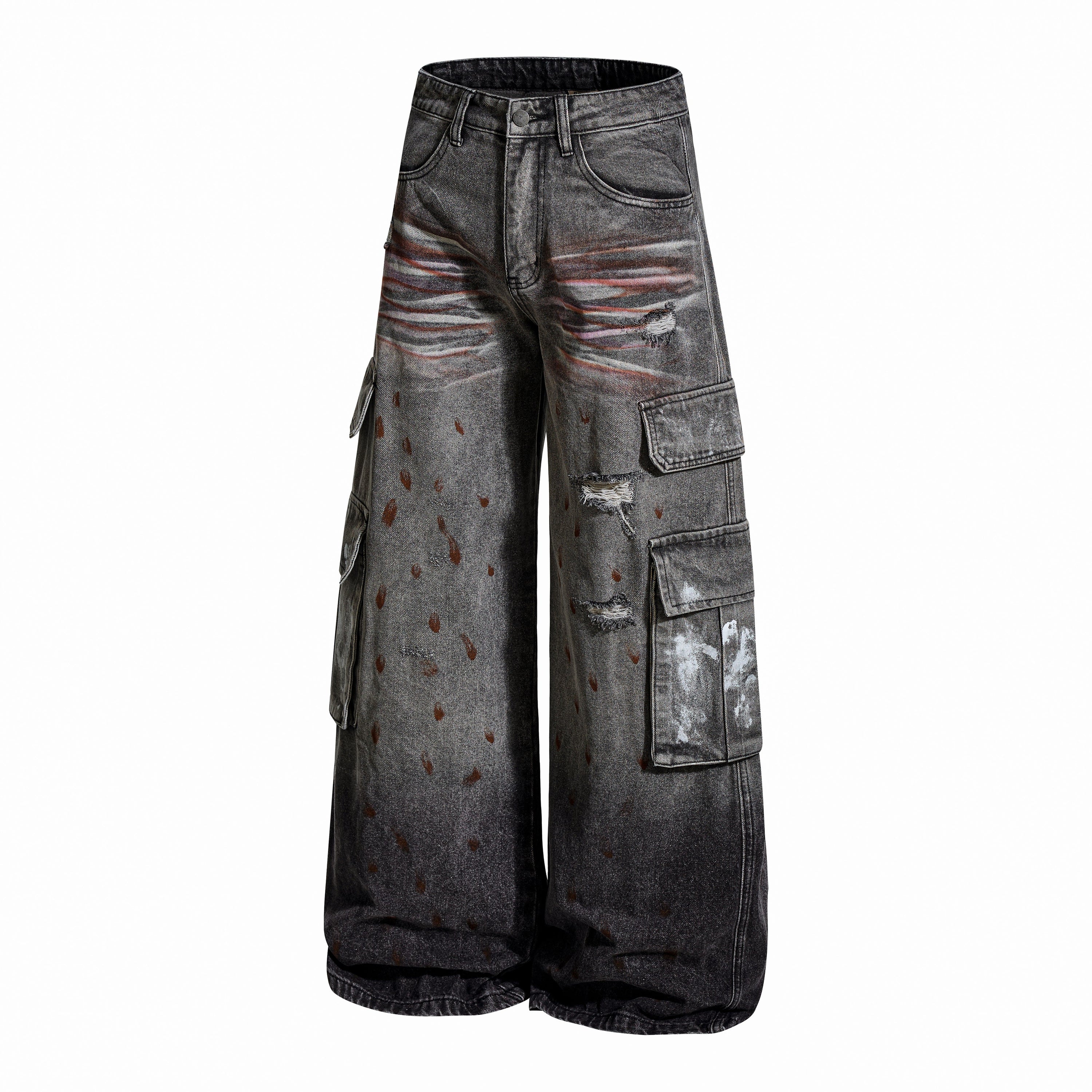 Painted Distressed Cargo Denim Pants | Wide-Leg Streetwear
