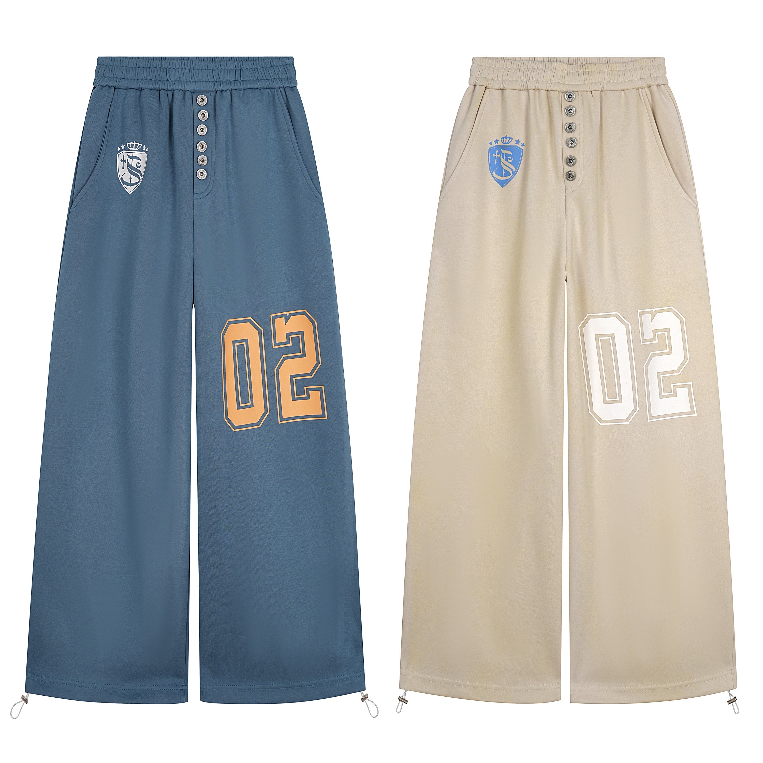 Steel blue wide-leg varsity sweatpants with orange 02 graphic print and crest logo, shown flat on white background