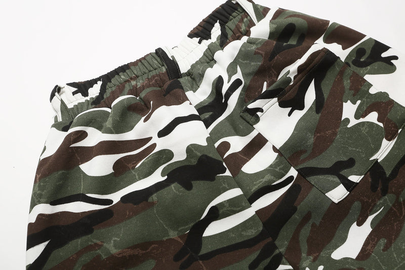 Close-up of camo shorts side pocket and waistband seam