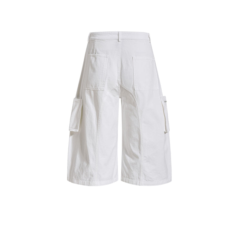 White utility cargo shorts with back pockets, rear view