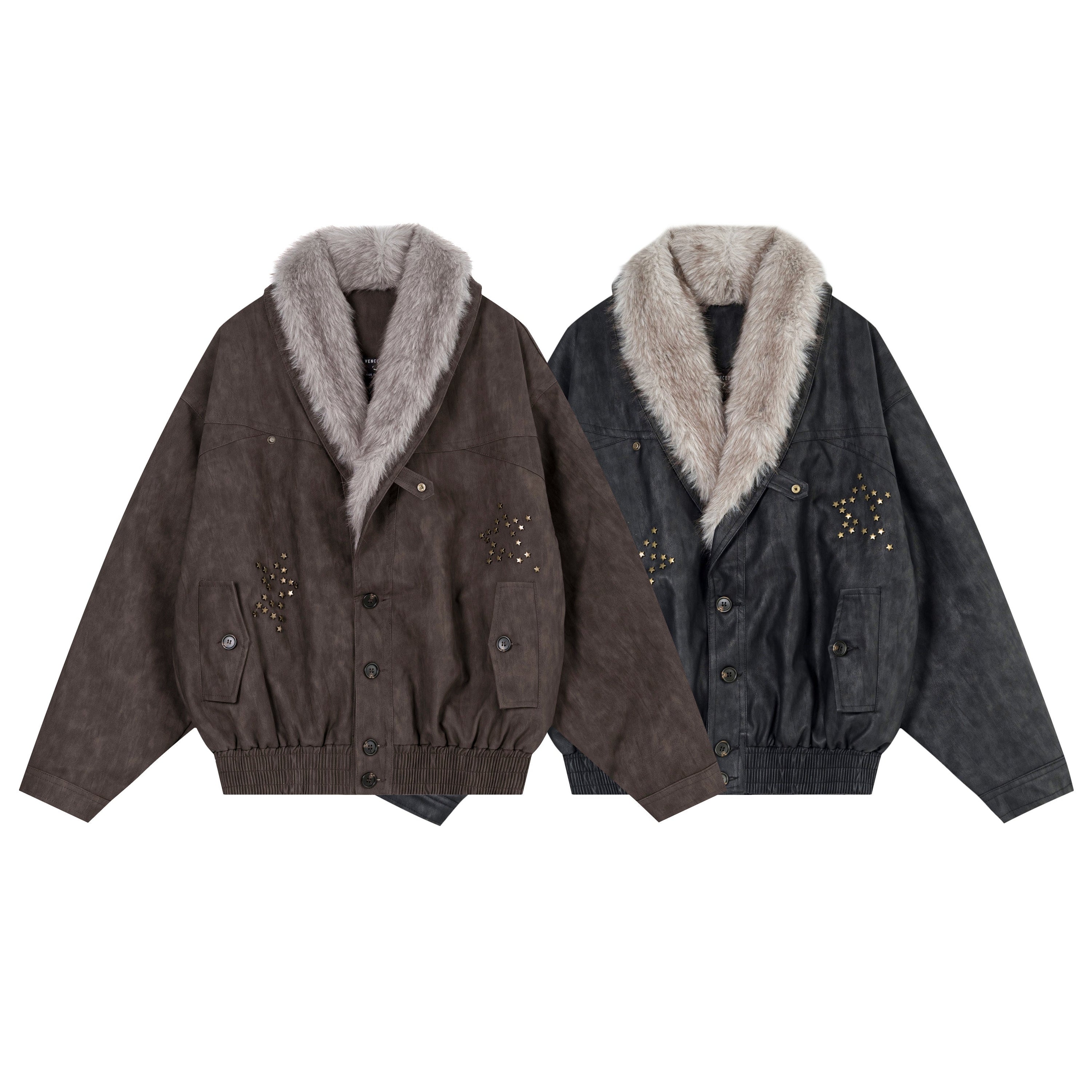 Two faux-leather bomber jackets with grey faux-fur collars and gold star studs, shown in dark brown and charcoal grey colorwa