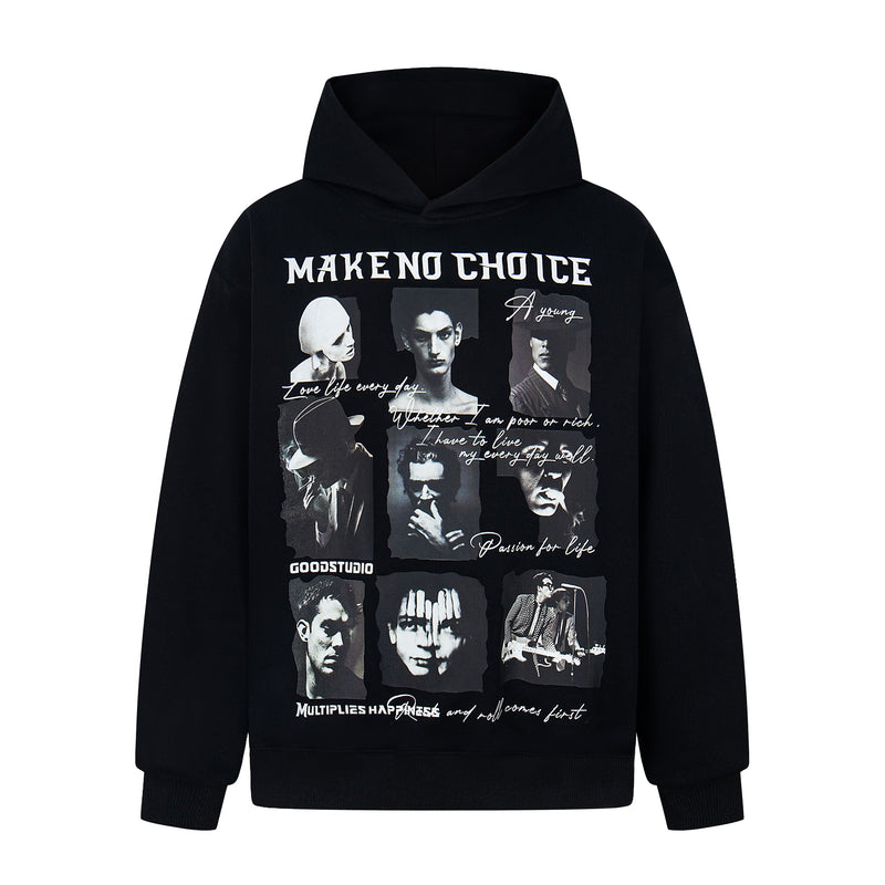 Black hoodie front view with white collage graphic and script text