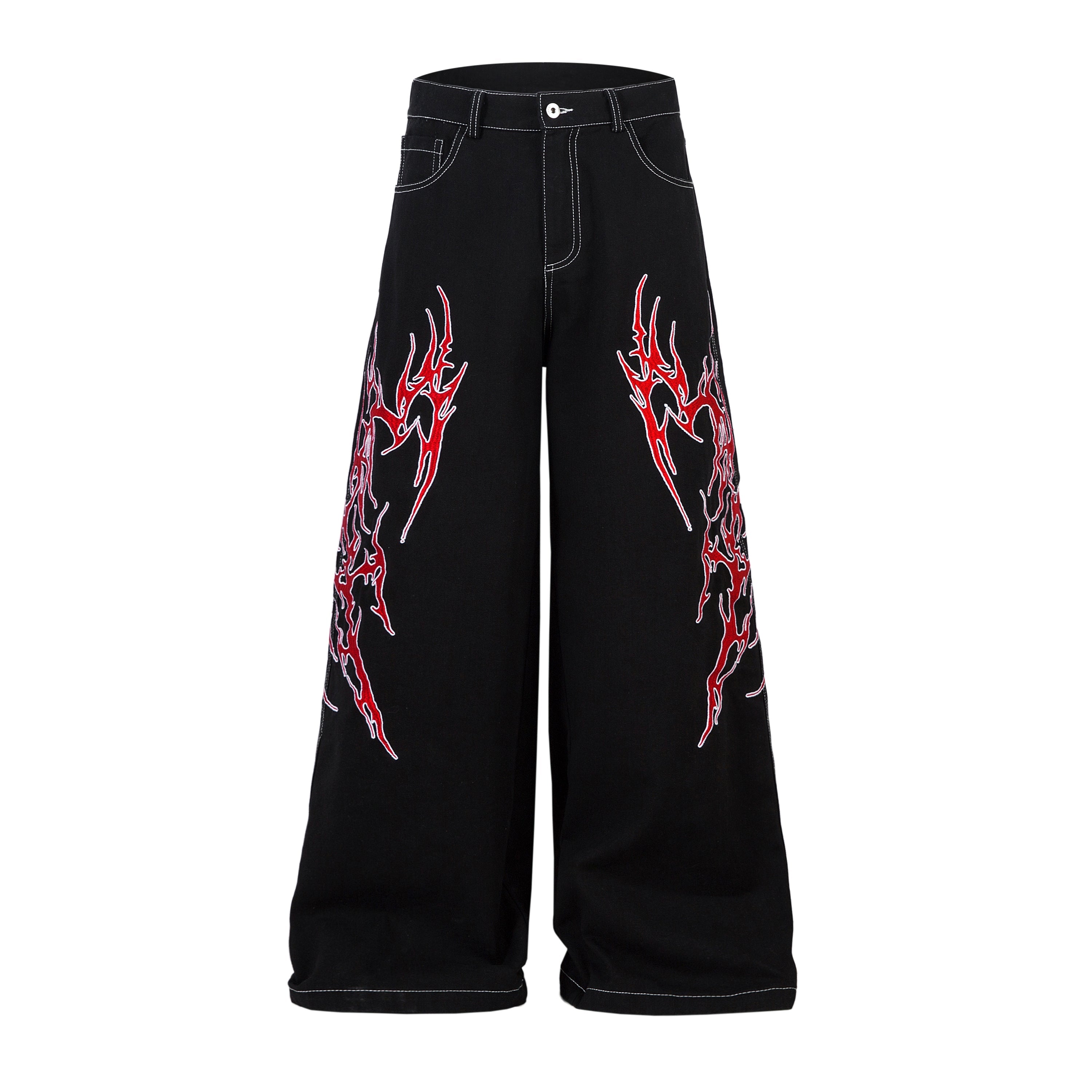 Flame Graphic Wide-Leg Black Denim Jeans | Streetwear