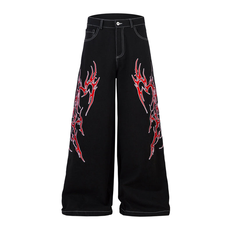 Flame Graphic Wide-Leg Black Denim Jeans | Streetwear