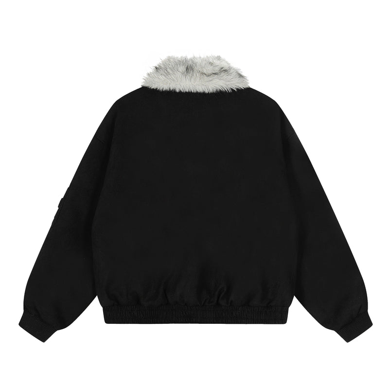 Faux Fur Collar Suede-Texture Buckle Bomber Jacket