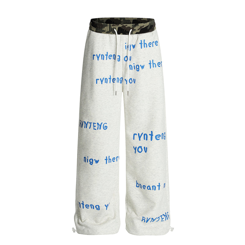 Camo Waist All-Over Text Graphic Wide-Leg Sweatpants
