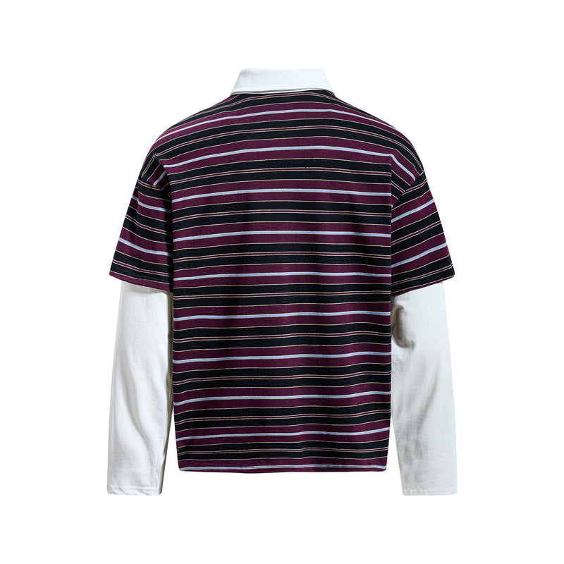 Back view of burgundy and black striped polo shirt with white collar