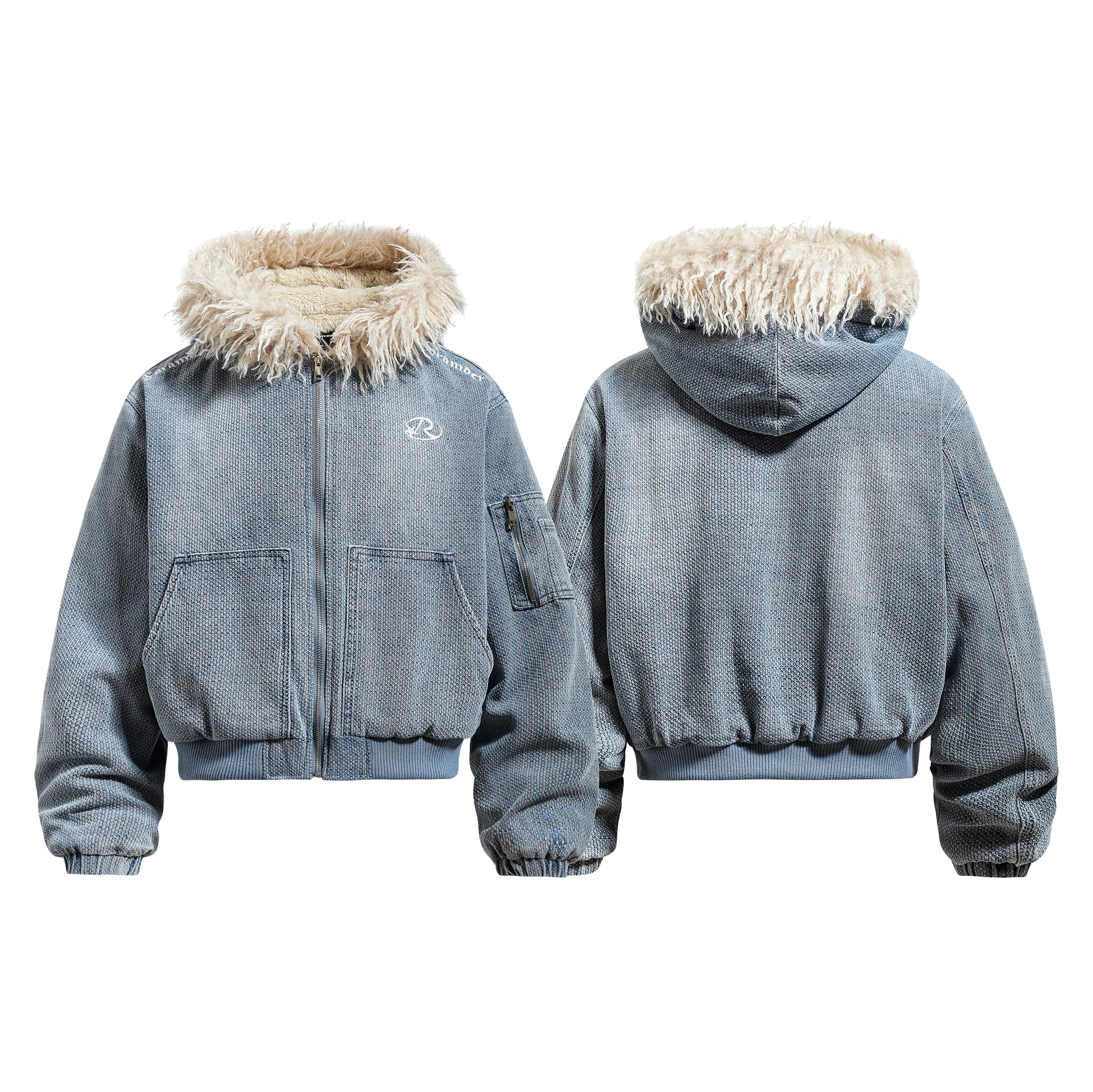 Front and back view of a washed blue hooded bomber jacket with oversized faux-fur trim and sherpa lining