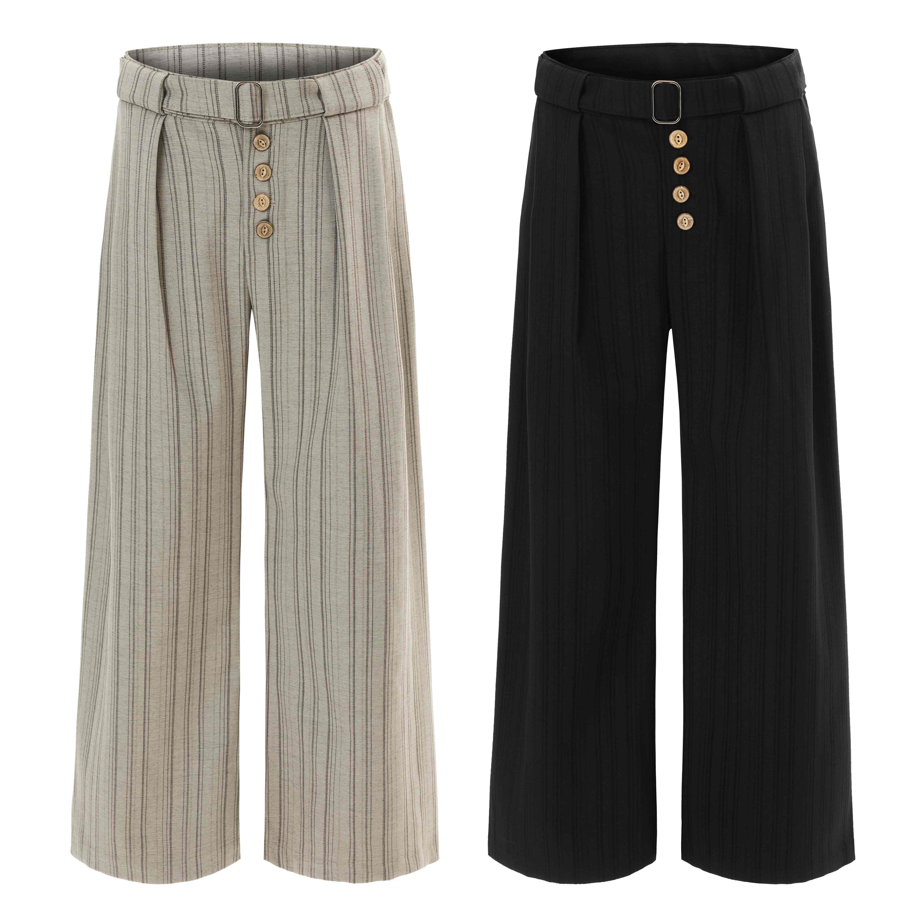 Beige pinstripe and black wide-leg deconstructed trousers with button fly and D-ring belt, front view