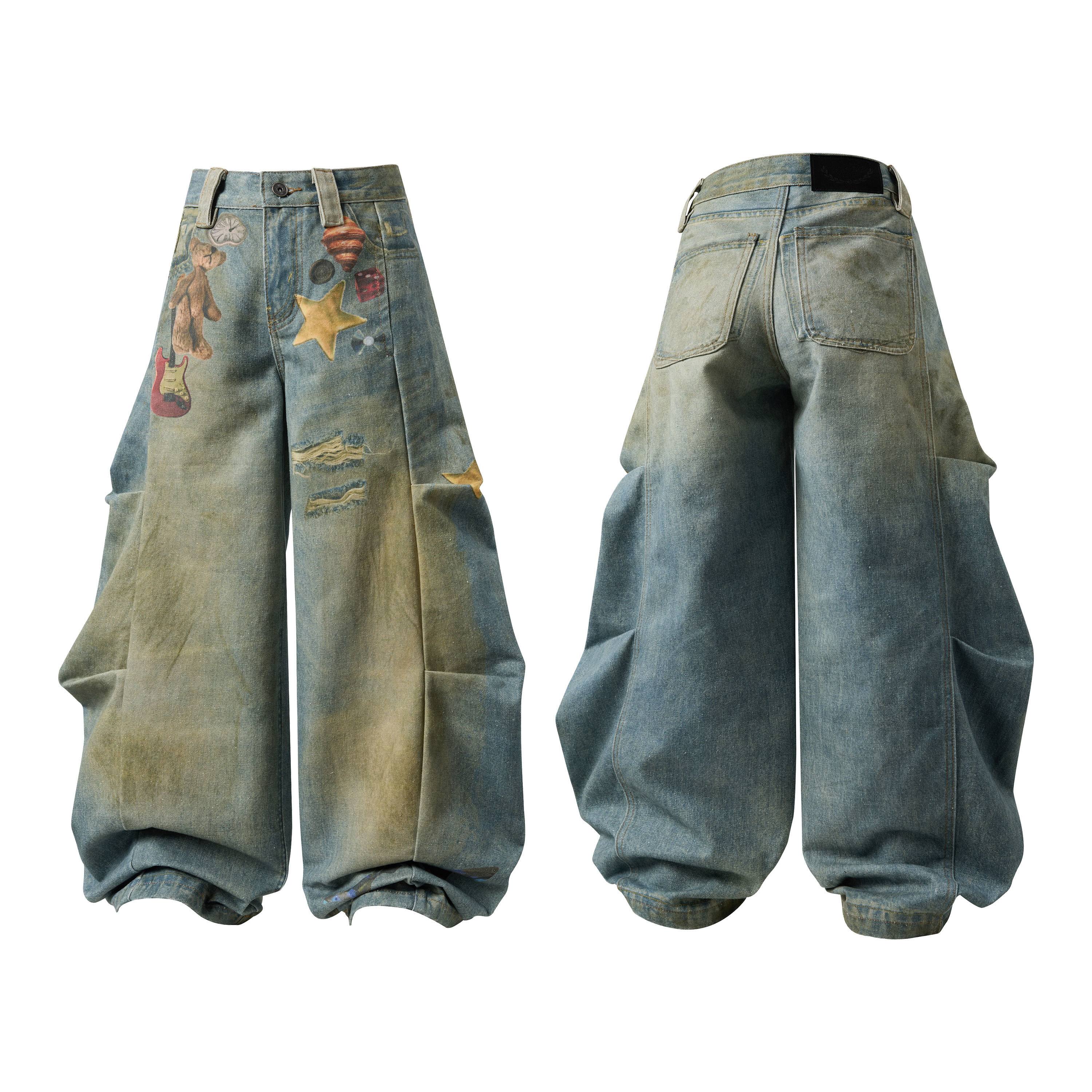 Omirad Playground Charm Balloon Jeans front and back view showing graphic prints, star patches, teddy bear, and wide-leg vint