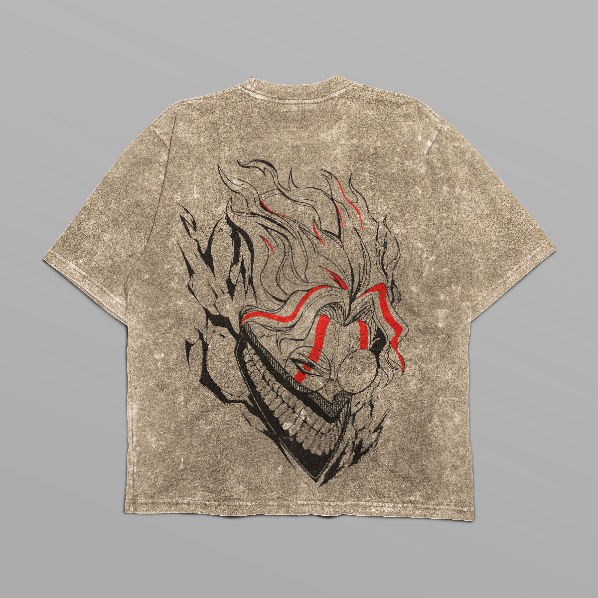 The Dandadan Oversized T-Shirt features a distressed gray texture and a large graphic of an evil clown with wild hair and red accents on the back, perfect for anime apparel fans seeking bold style.