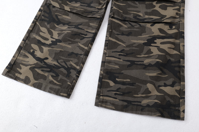 Close-up of both pant legs and hems on camo wide-leg cargo pants