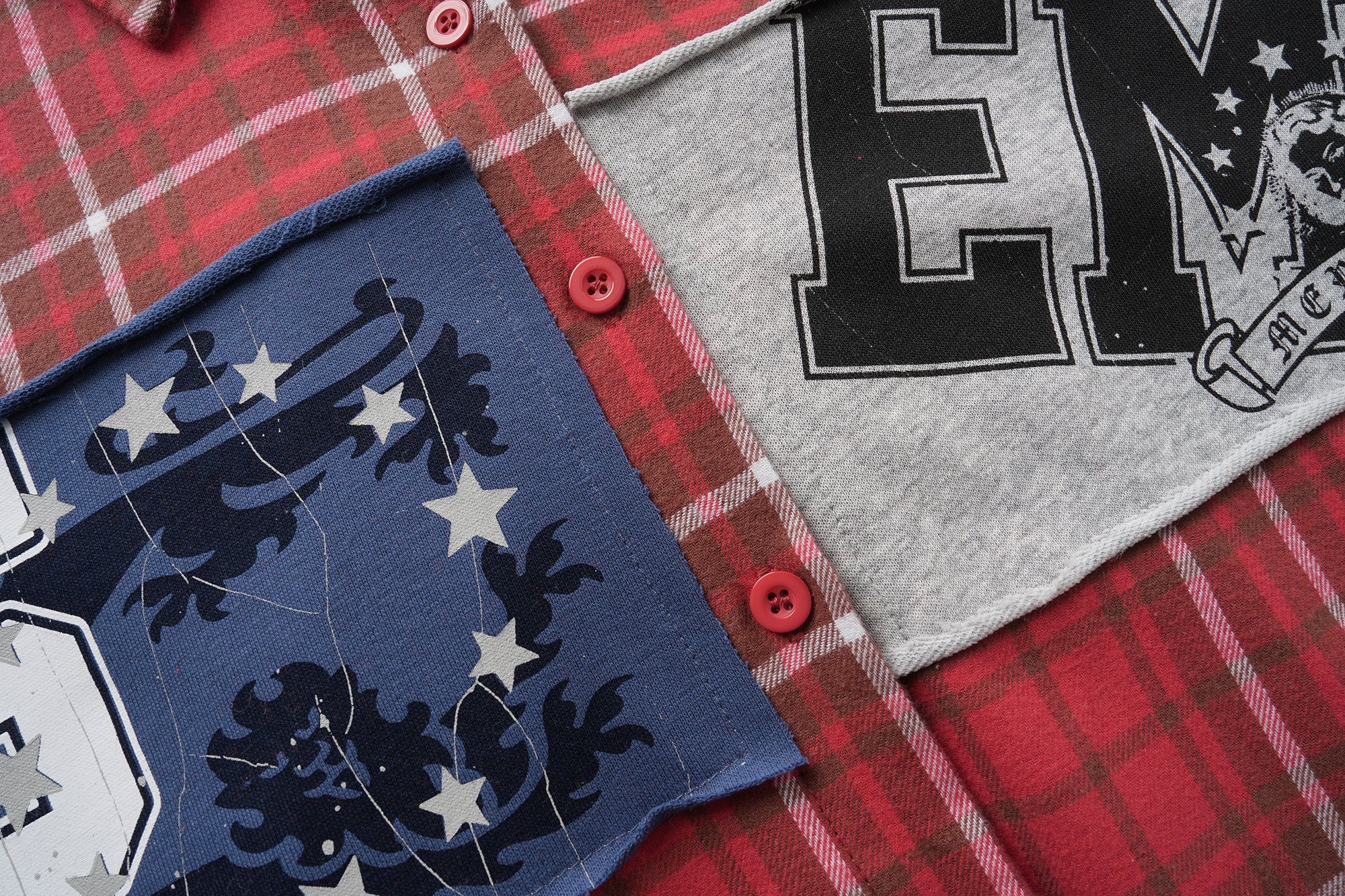 Red Plaid Patchwork Flannel Shirt | Varsity Chest Panels