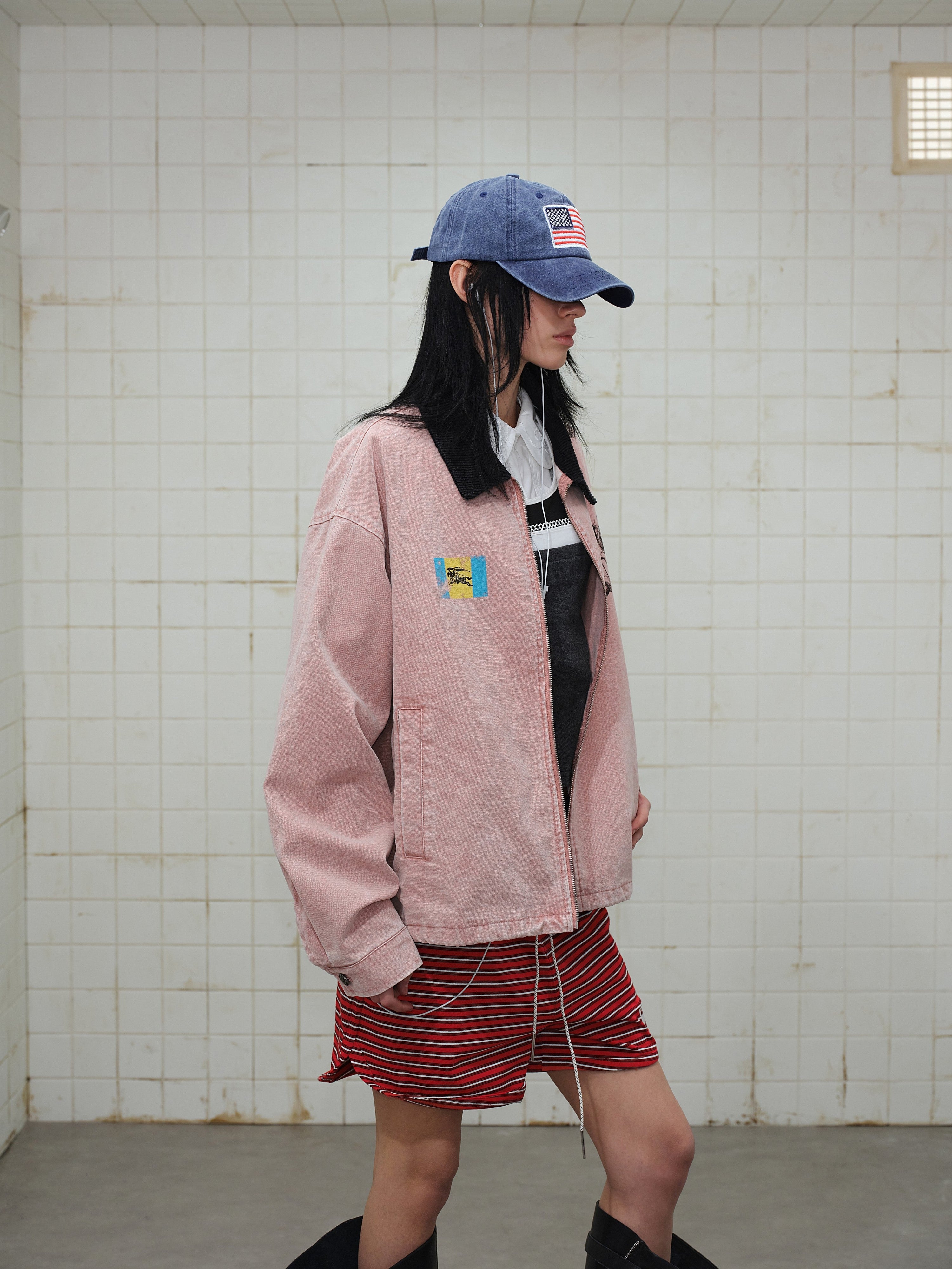 Omirad Washed Zip-Up Jacket | Corduroy Collar Streetwear