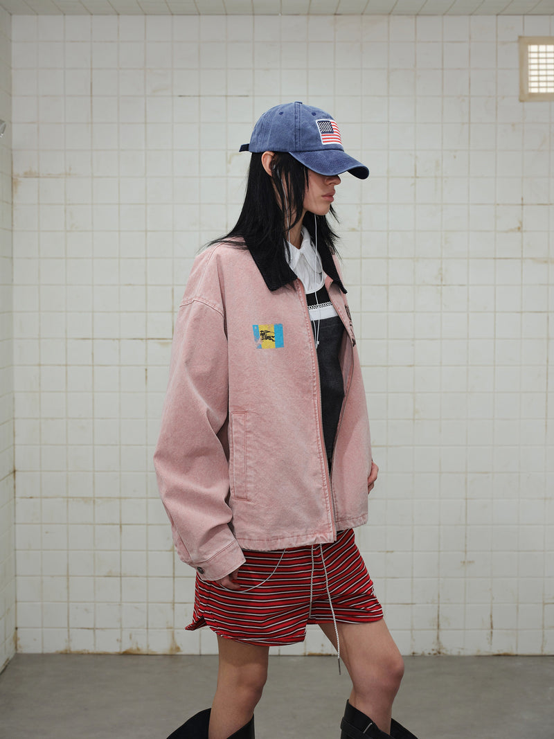 Omirad Washed Zip-Up Jacket | Corduroy Collar Streetwear
