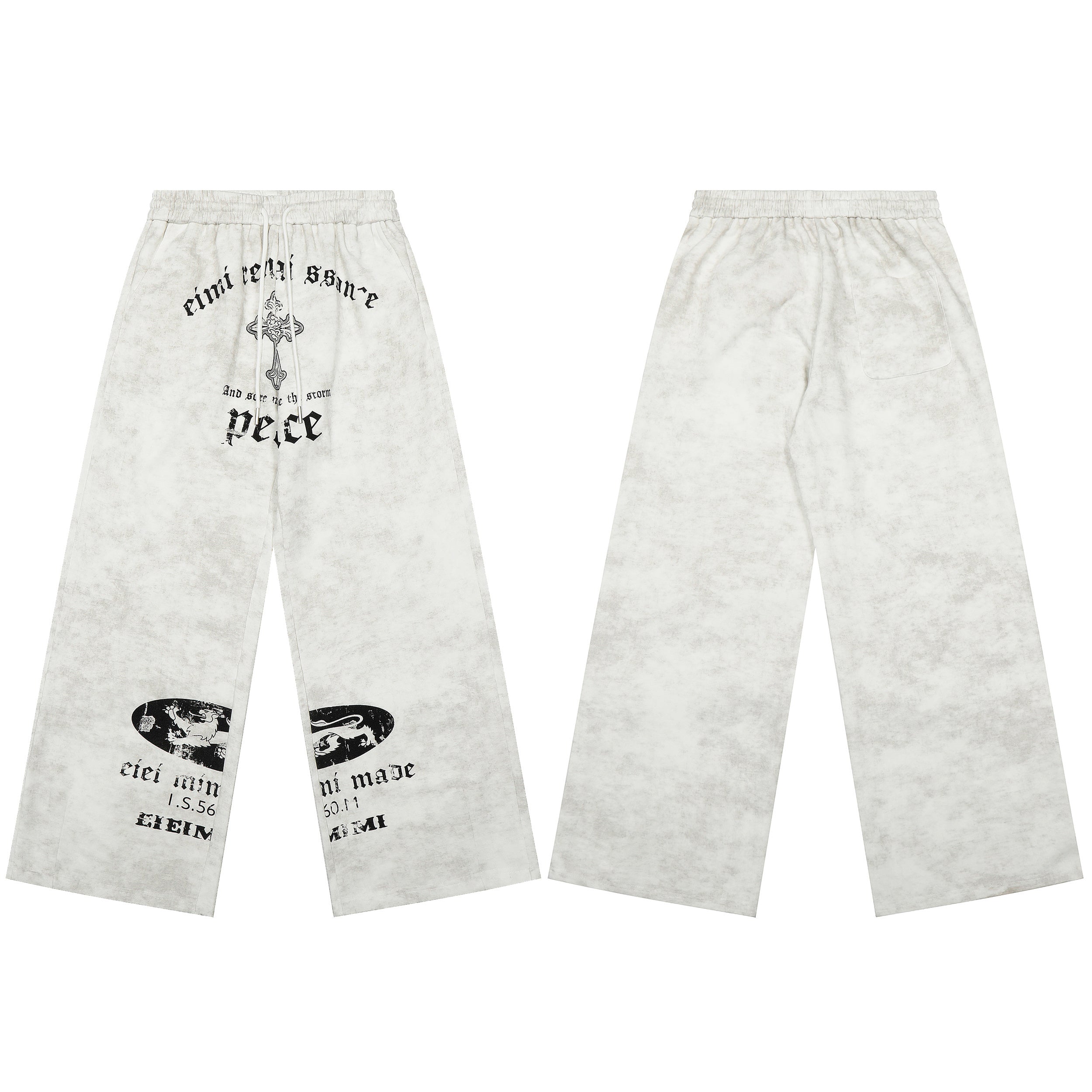 Front and back view of white acid-wash wide-leg sweatpants with gothic cross and lion crest graphic prints