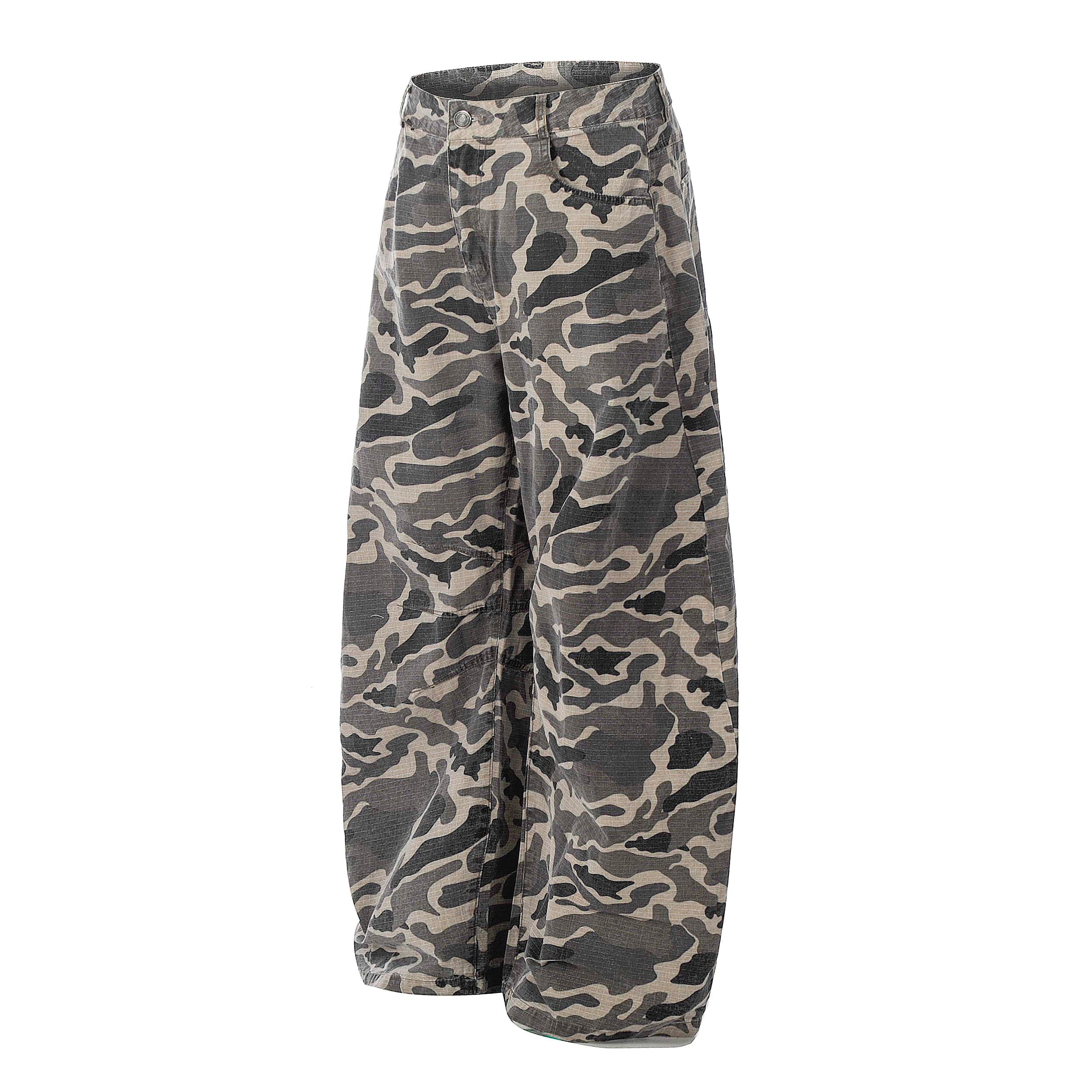 Grey Camo Barrel Pants | Wide-Leg Ripstop Cotton Trousers