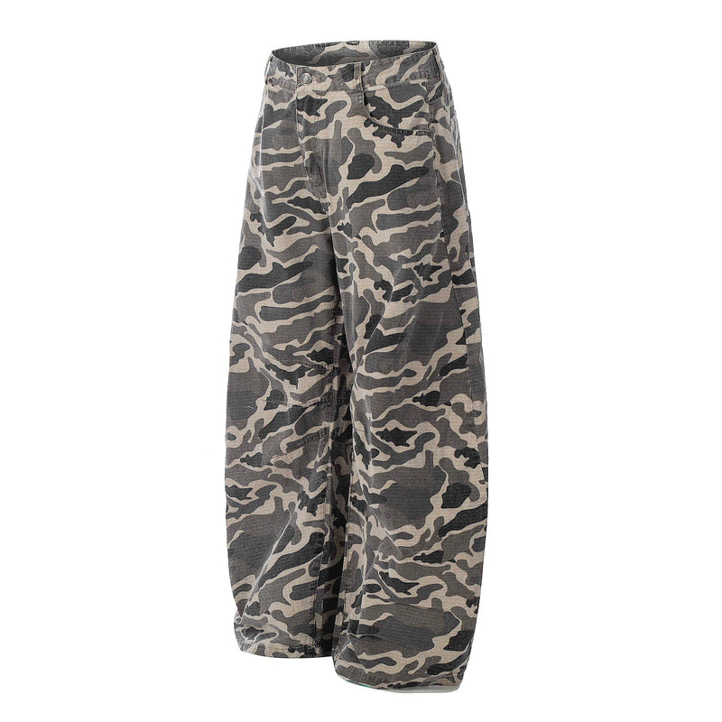 Grey Camo Barrel Pants | Wide-Leg Ripstop Cotton Trousers