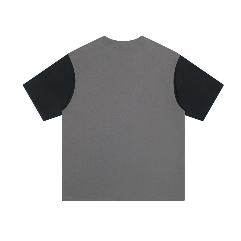 Gray and black colorblock streetwear T-shirt with short sleeves and a minimalist oversized fit