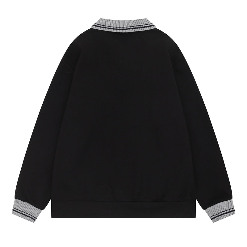Back view of black sweatshirt with gray striped knit collar and matching cuff trim