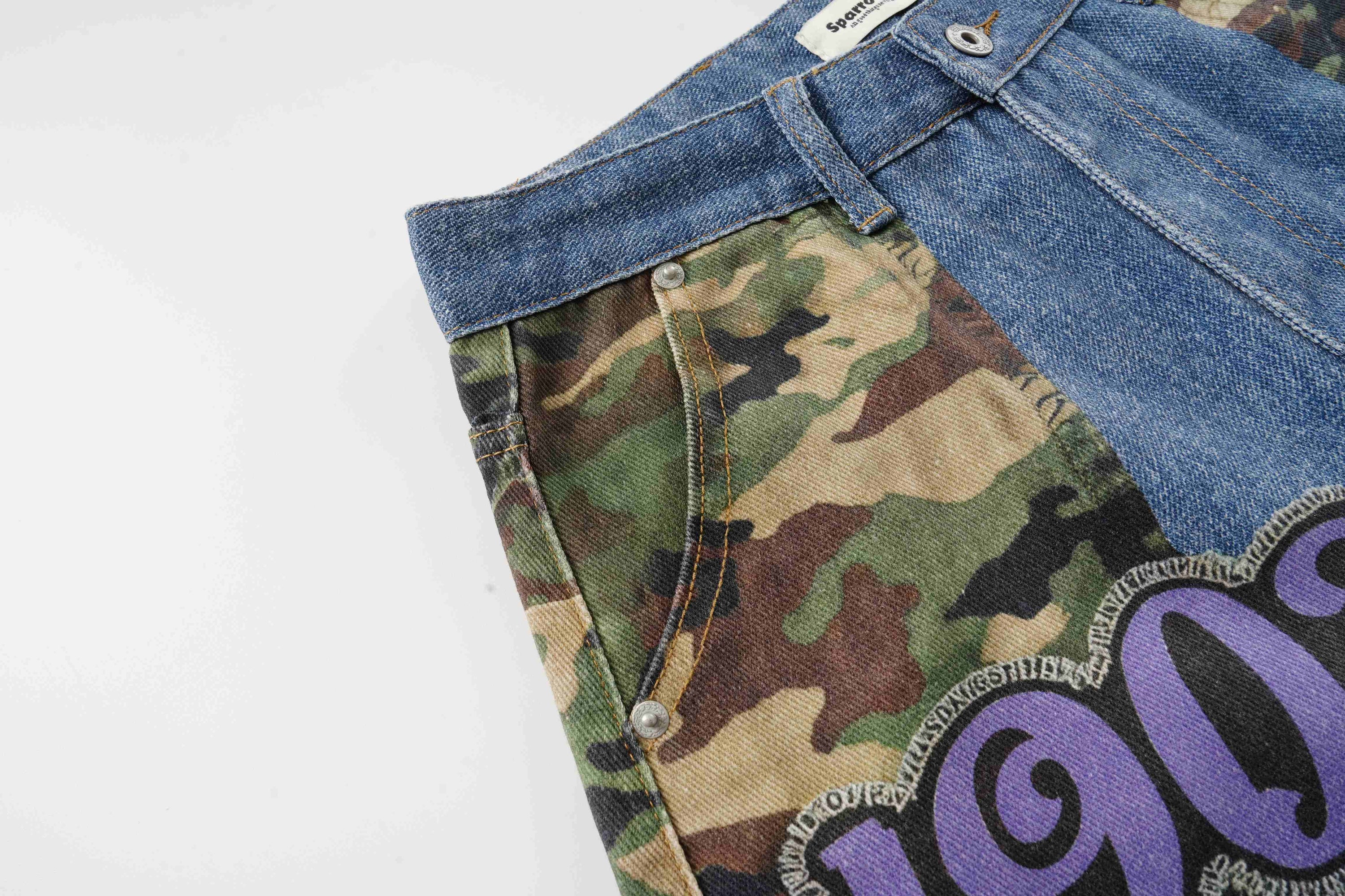 Camo Patch Denim Jorts | Y2K Varsity Streetwear Shorts