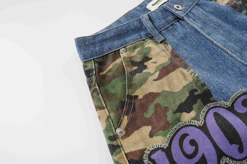 Side waist close-up showing camouflage panel, denim belt loops, and SP2 Retro label