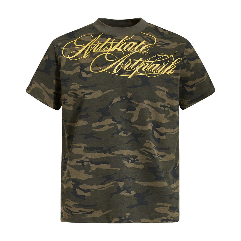 Camo graphic T-shirt with yellow script logo and short sleeves on a dark green camouflage background