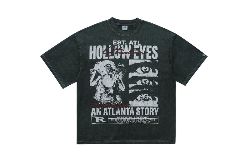 Black vintage washed graphic tee with Hollow Eyes Atlanta Story print, distressed text, and oversized streetwear fit
