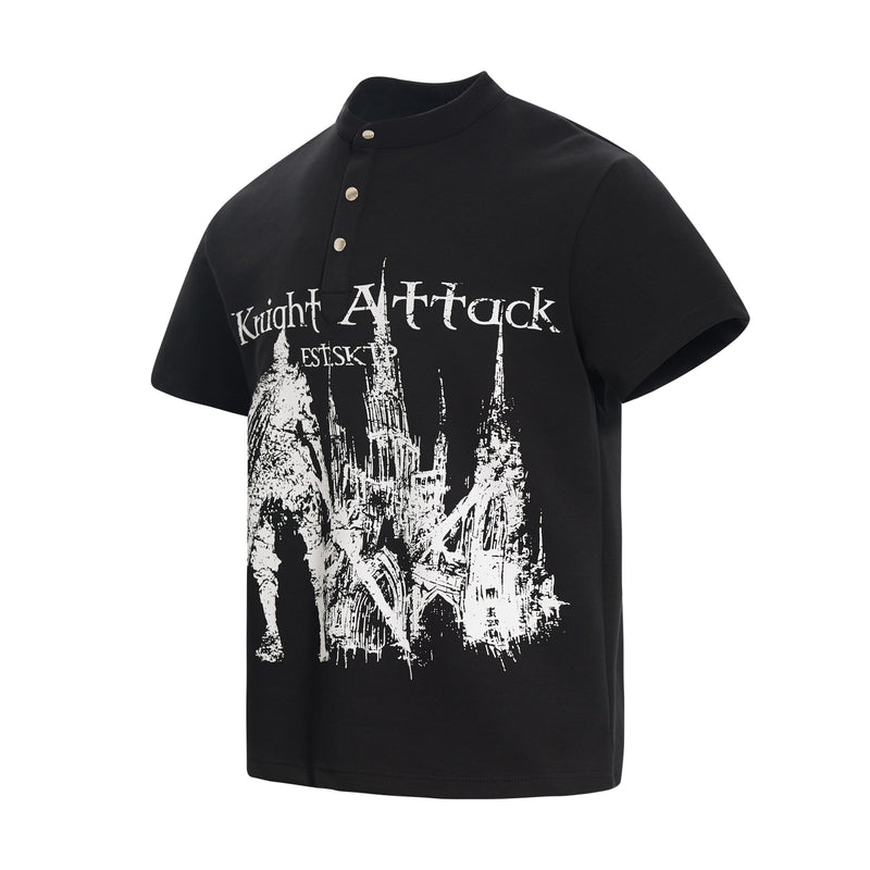 Black polo tee with white Knight Attack gothic graphic and medieval cathedral print on the front