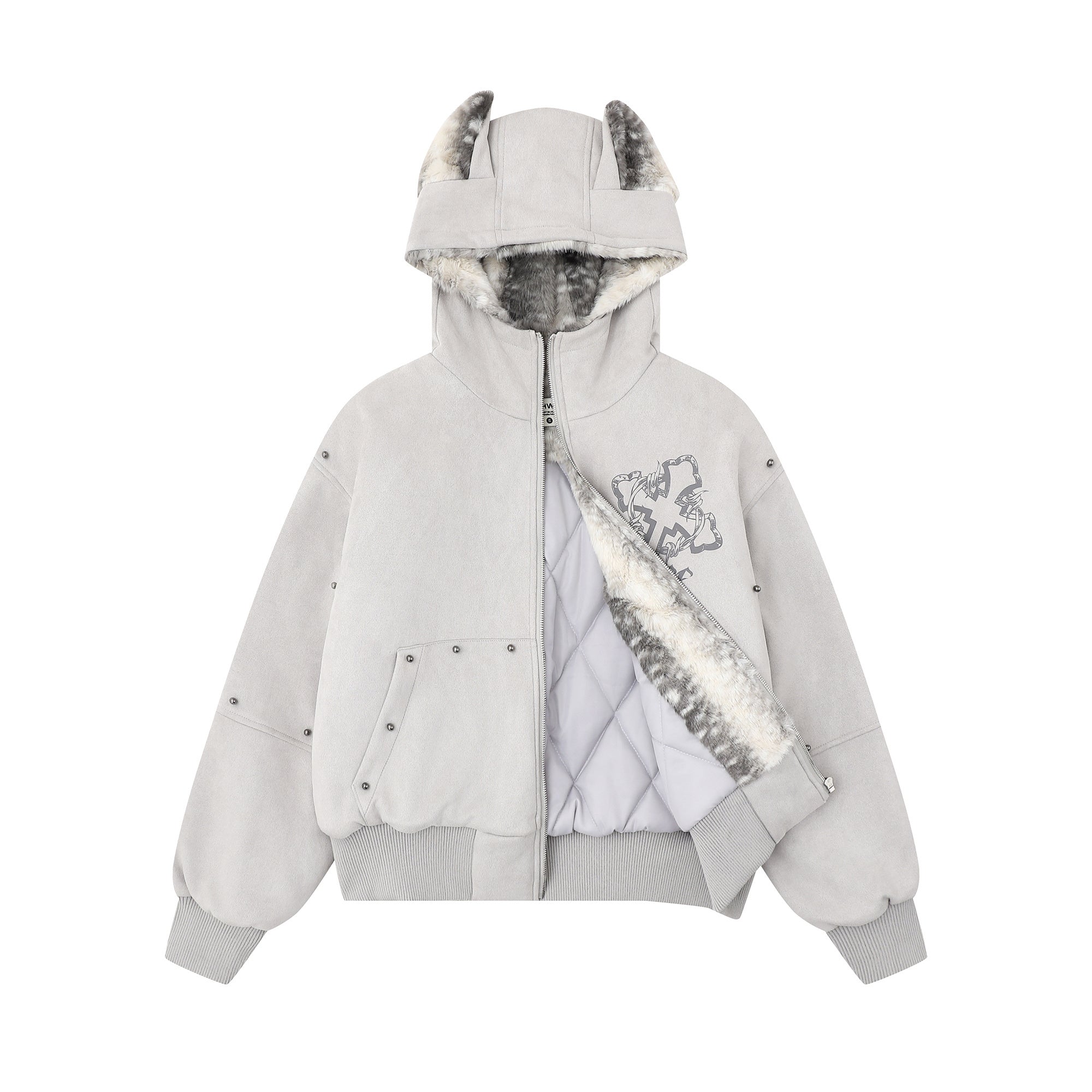 Furry-Ear Zip Hoodie Jacket | Streetwear Puffer with Rivets