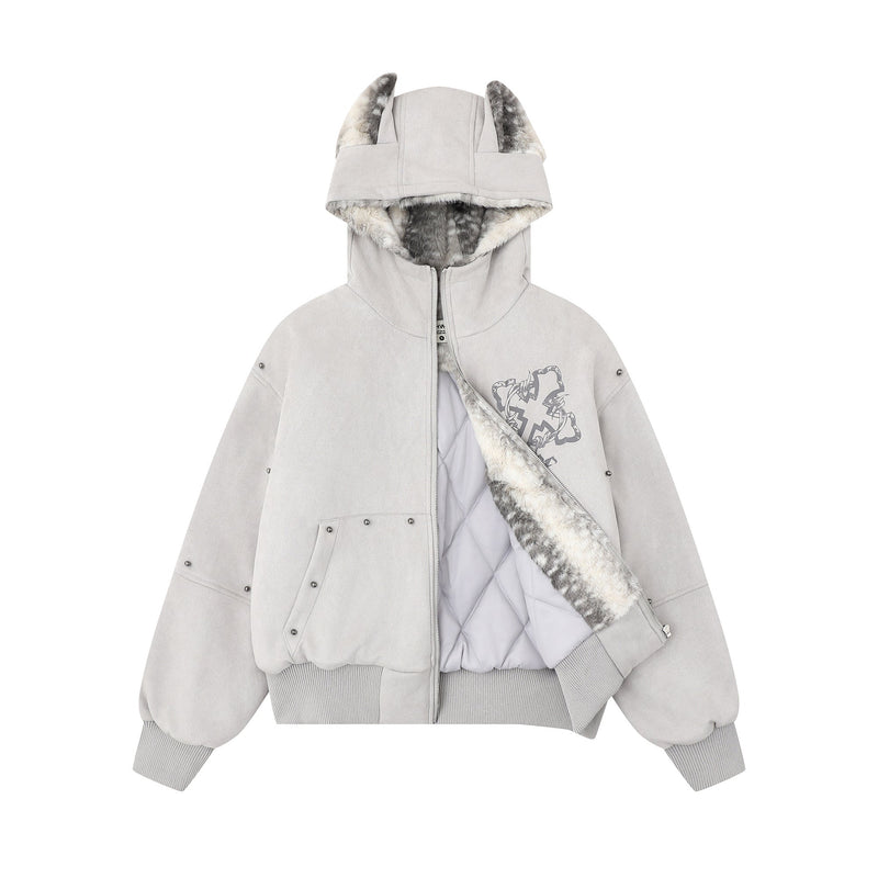 Furry-Ear Zip Hoodie Jacket | Streetwear Puffer with Rivets