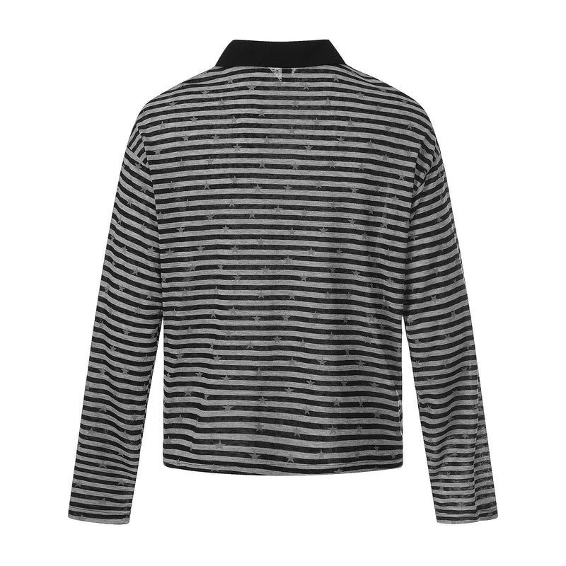 Back view of black long sleeve polo with gray stripes, stars, and black collar
