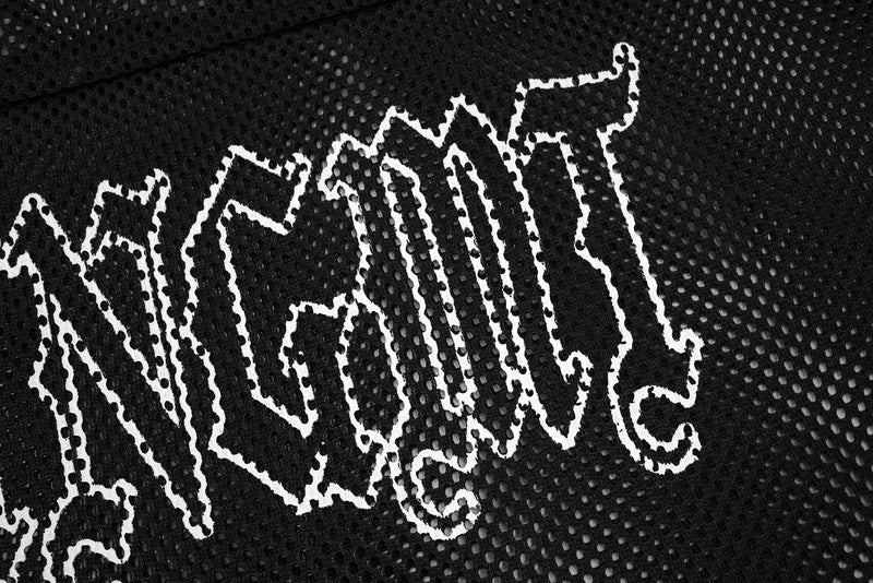 Close-up of black mesh jersey with distressed white gothic lettering for Seakoff streetwear tee