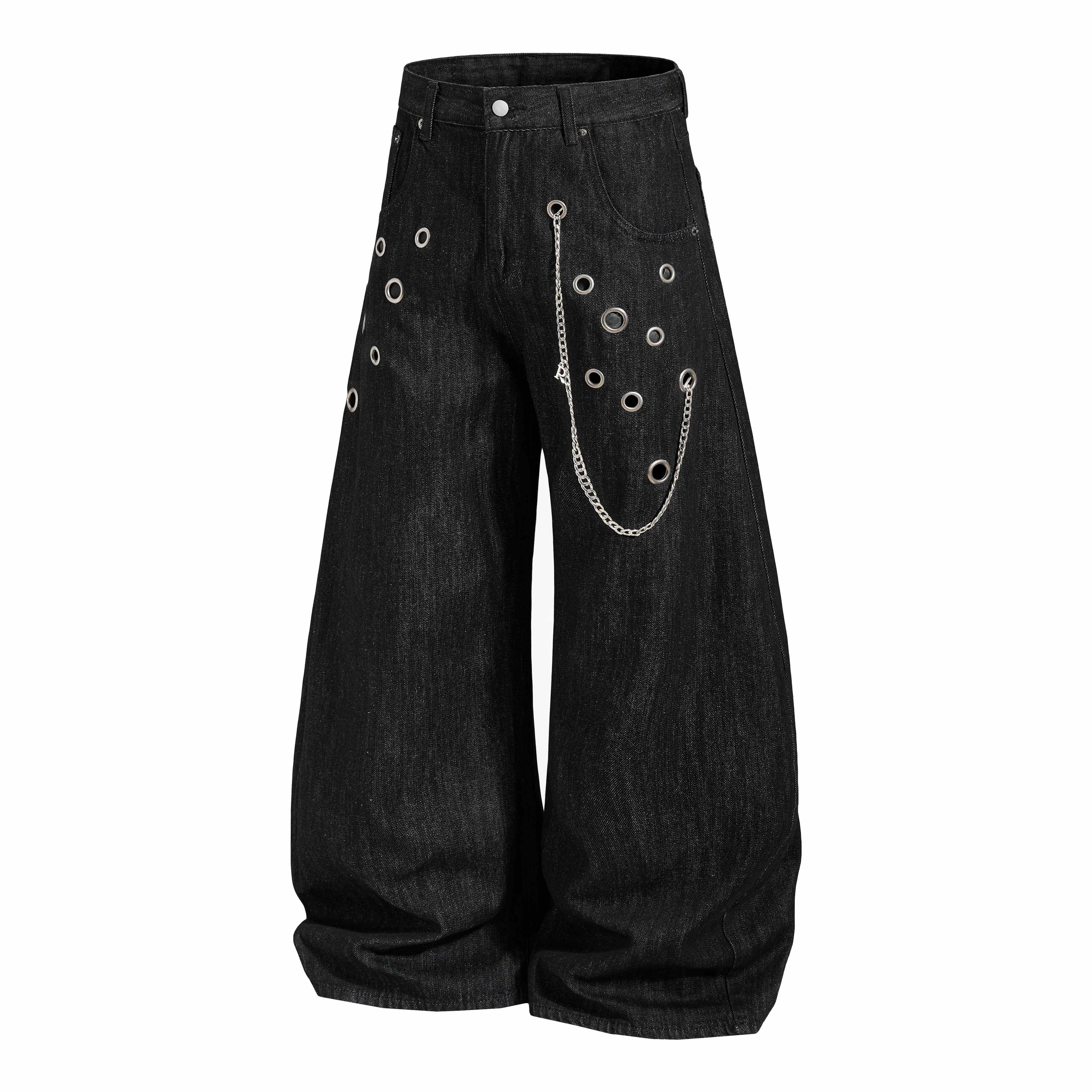 Wide-Leg Black Denim Pants with Eyelet & Chain Detail