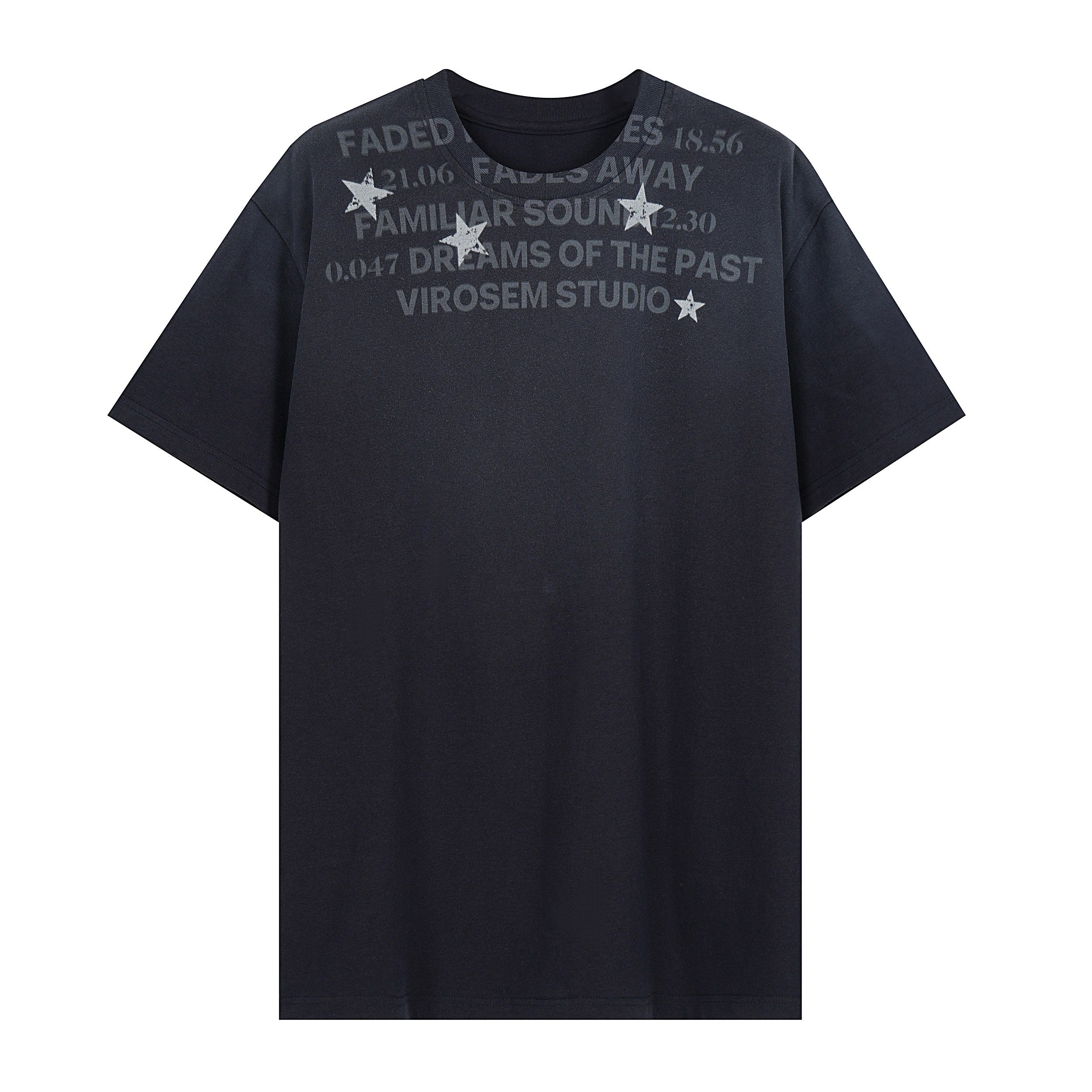 Dark navy oversized graphic t-shirt with faded tonal text print and star accents on the chest, flat lay front view