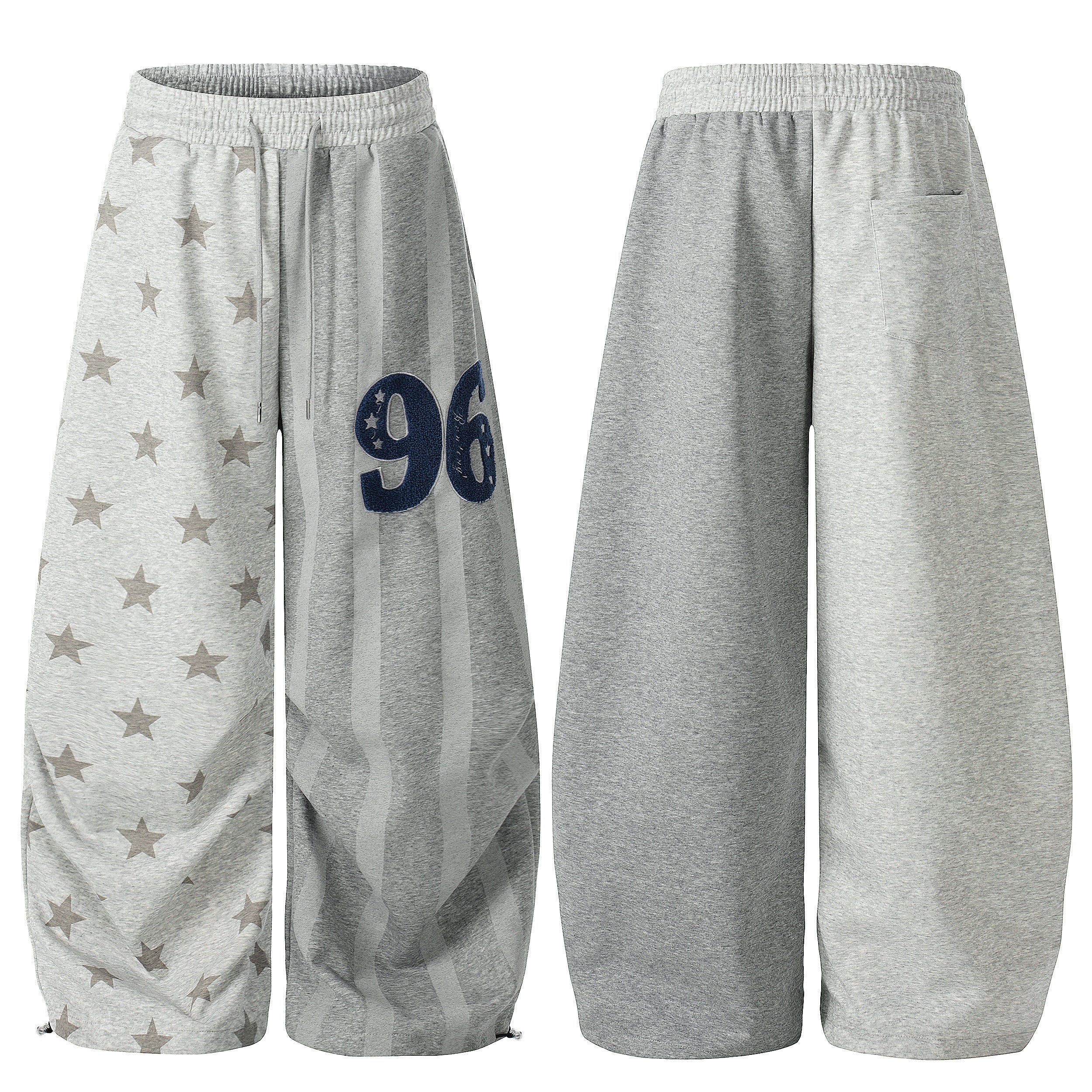 Grey wide-leg sweatpants with all-over star print, stripe graphic, and navy 96 applique, front and back view