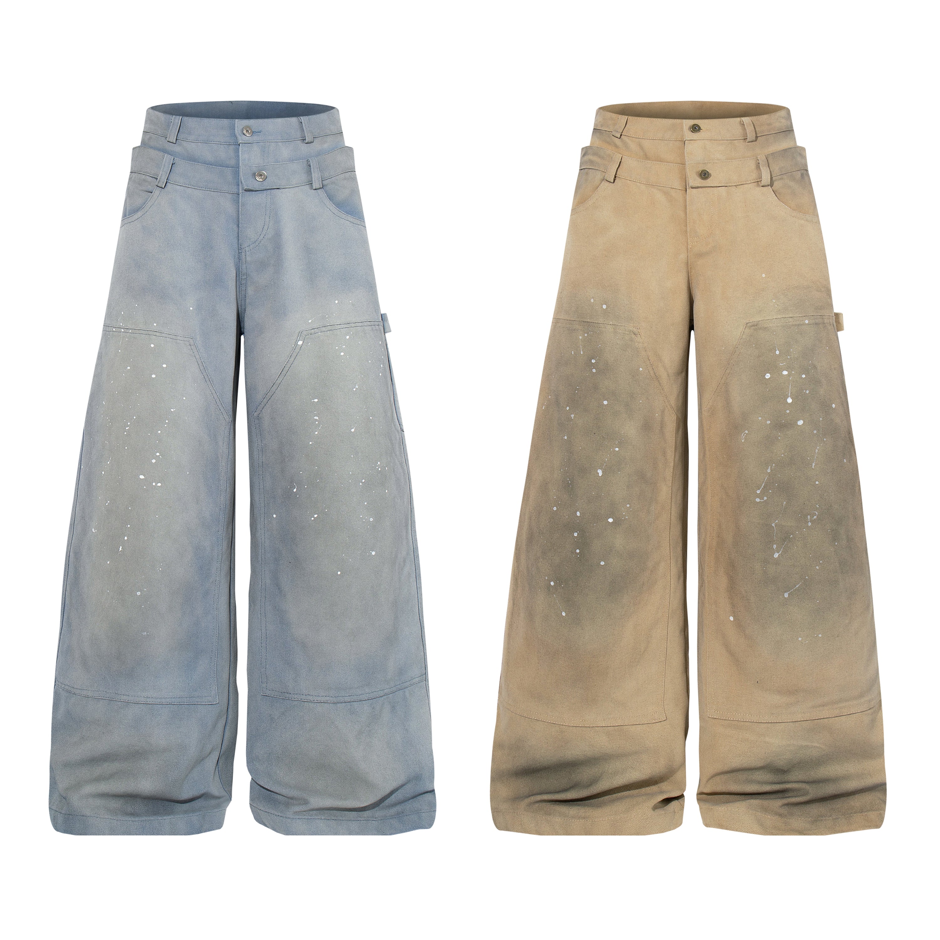 Omirad vintage wide-leg carpenter pants in washed blue with paint-splatter detailing and reinforced front panels