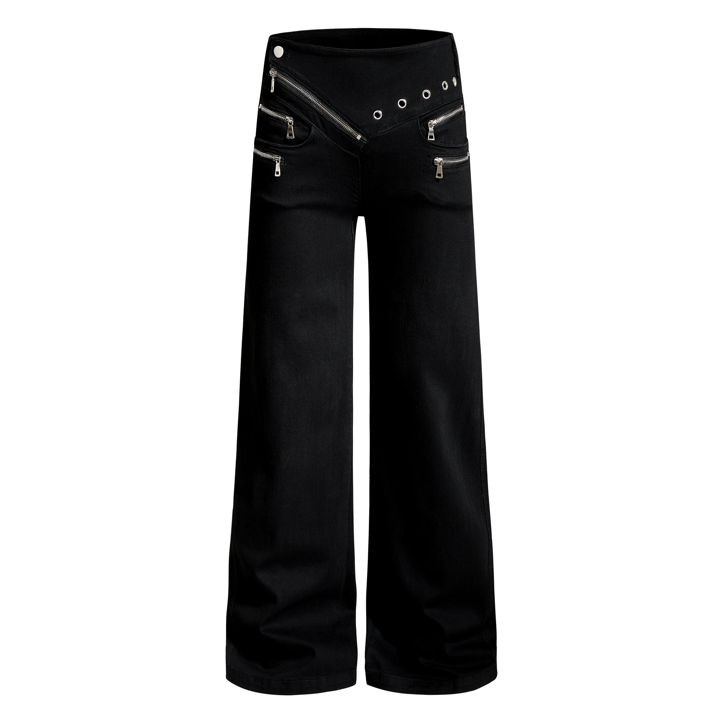 Asymmetrical Zipper Detail Wide-Leg Flared Pants | Black
