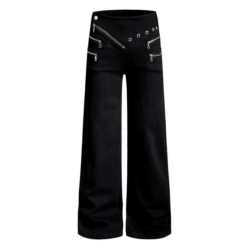 Black wide-leg pants with asymmetrical front zipper details and silver grommets, front view