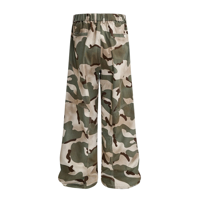 Wide-leg camouflage pants with elastic waistband, side pockets, and loose straight legs