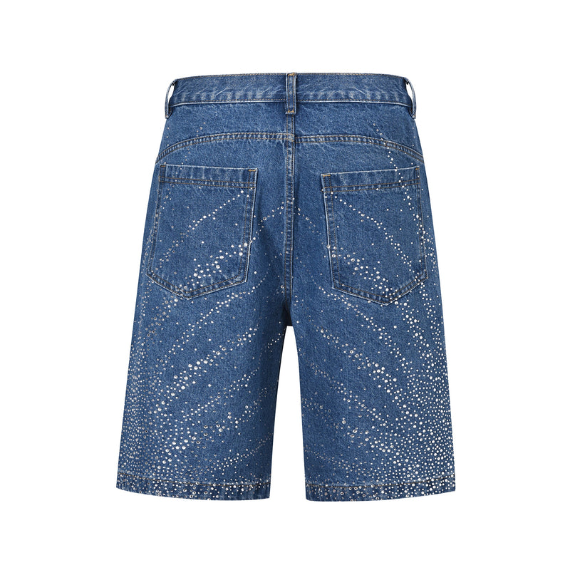 Back view of blue denim shorts with rhinestone burst pattern and wide waistband
