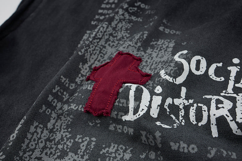 Black sleeveless punk T-shirt with distressed gray print, burgundy cross patch, and bold streetwear lettering details
