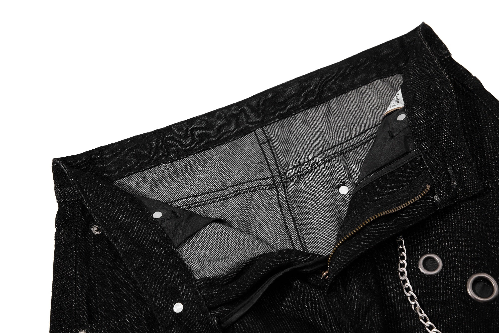 Wide-Leg Black Denim Pants with Eyelet & Chain Detail