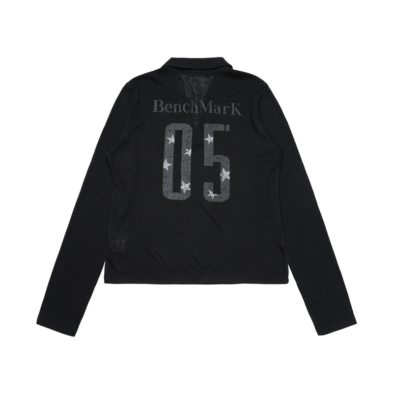 Back view of black long sleeve mesh polo with large BenchMarK 05 print