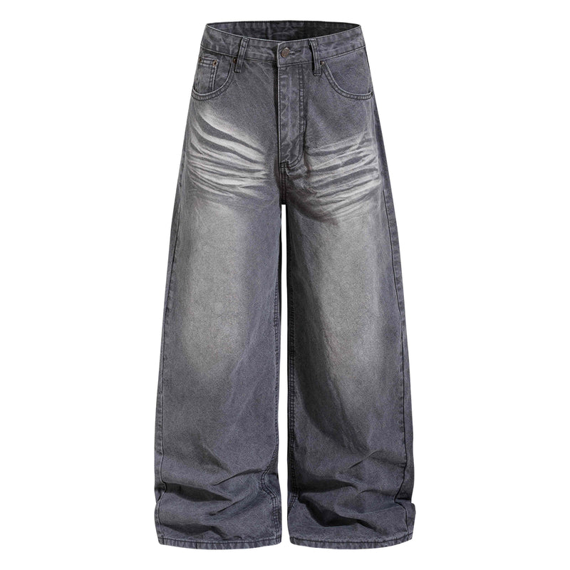 Charcoal wide-leg faded denim pants, front view