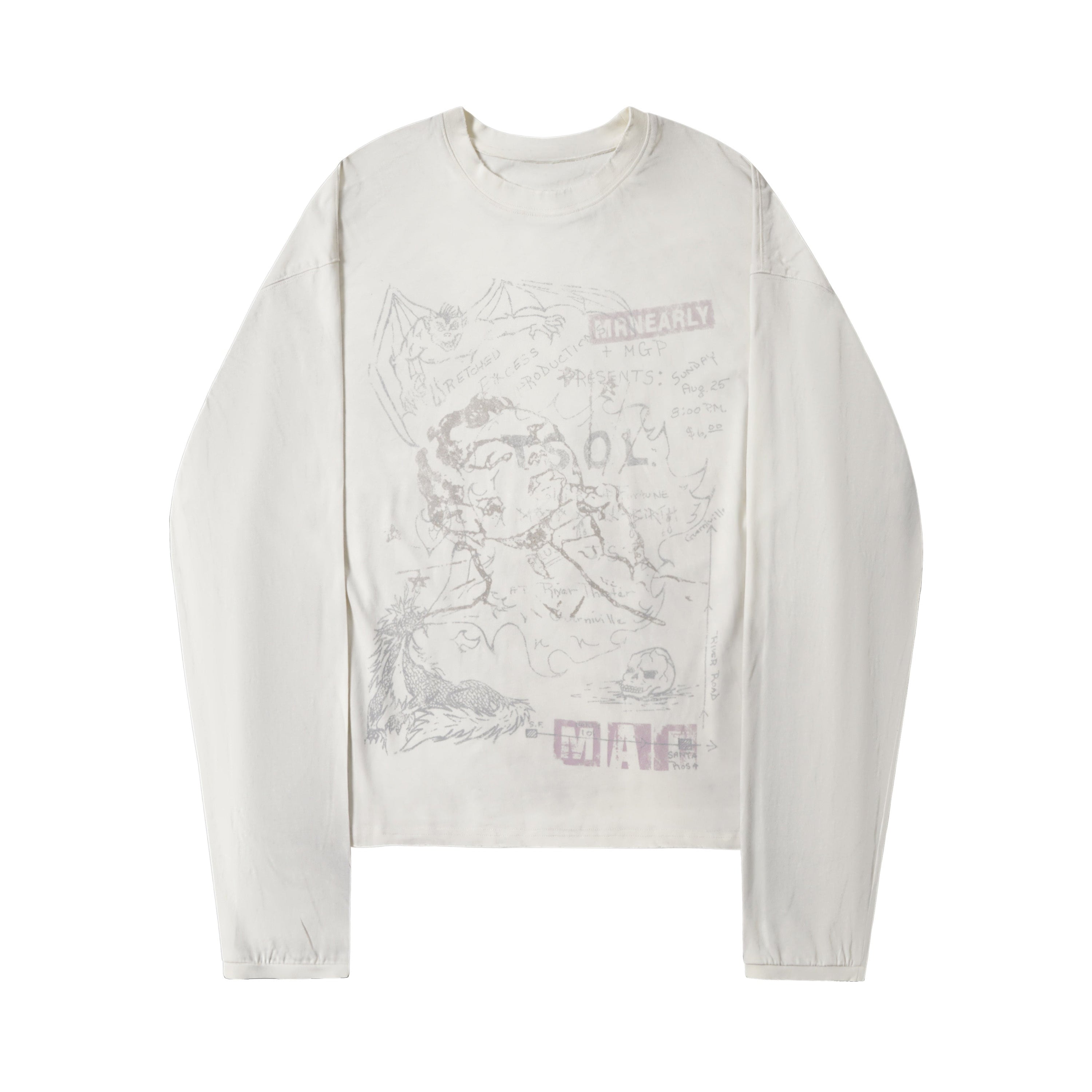Off-white oversized long sleeve tee with faded hand-drawn collage sketch graphic print on the front, laid flat