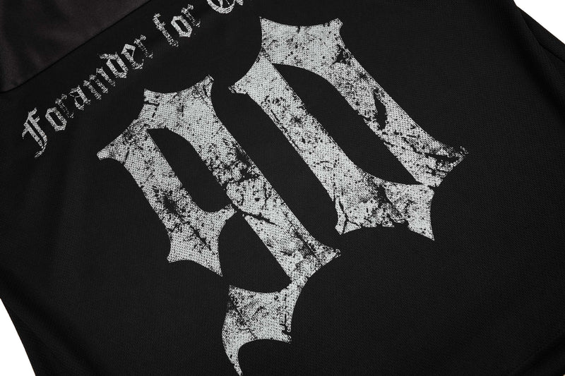 Black mesh gothic streetwear tee with distressed white oversized graphic print on the front