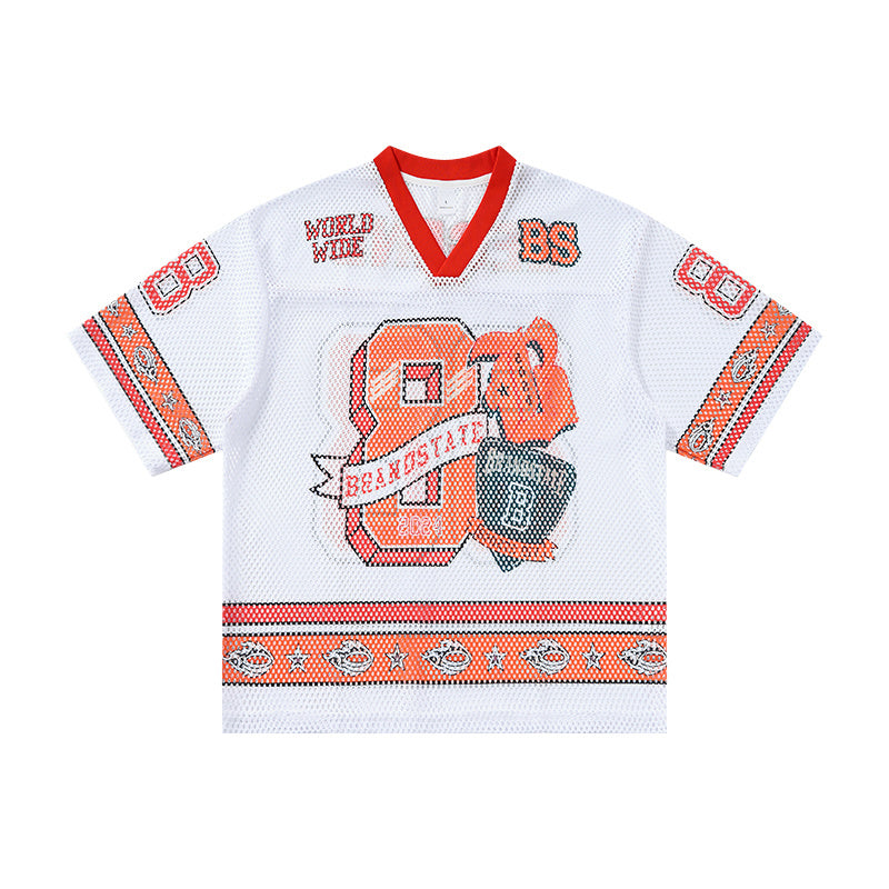 Omirad Legend 88 white mesh jersey t-shirt with varsity graphics, red contrast trim, and paisley stripe detailing on sleeves
