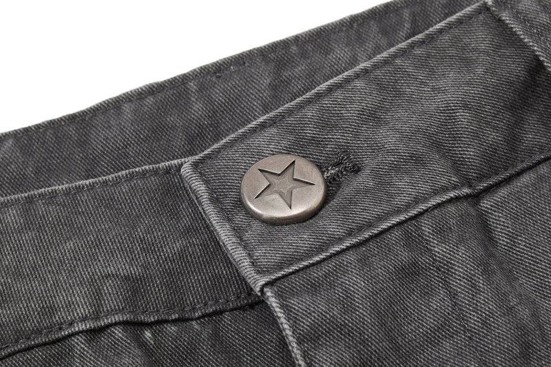Close-up of dark gray waistband button on denim-like cargo pants