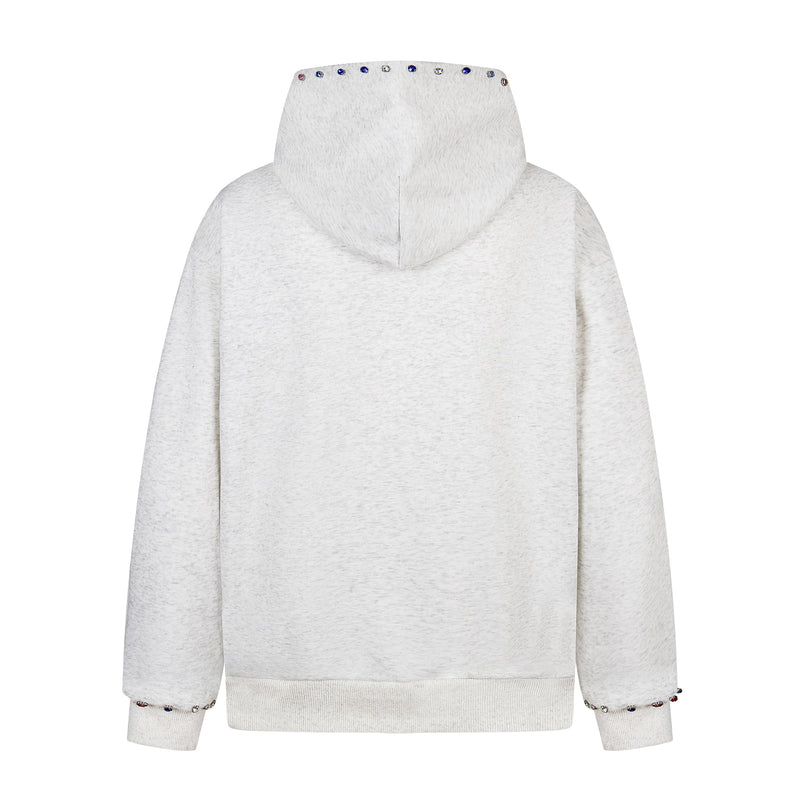 Light gray studded zip hoodie back view with plain hood and studded trim